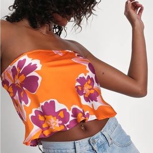 Vibrant Expression Orange Floral Print Strapless Top